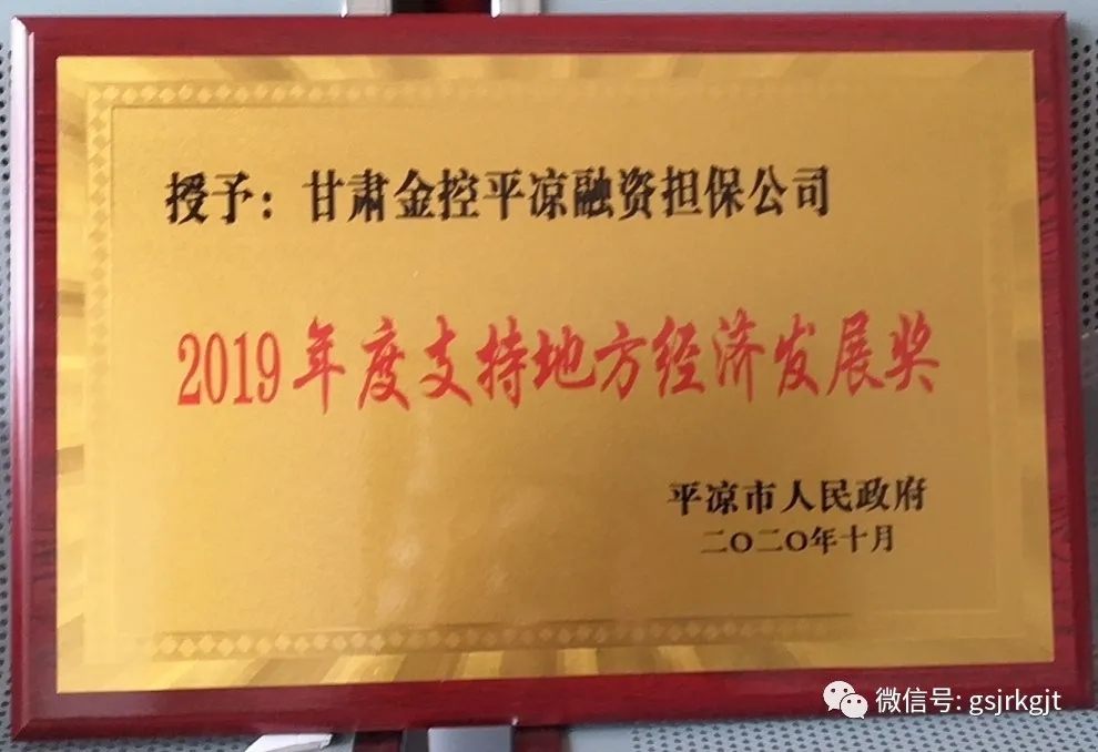 金控平涼擔保榮獲2019年度 “支持地方經濟發展獎”